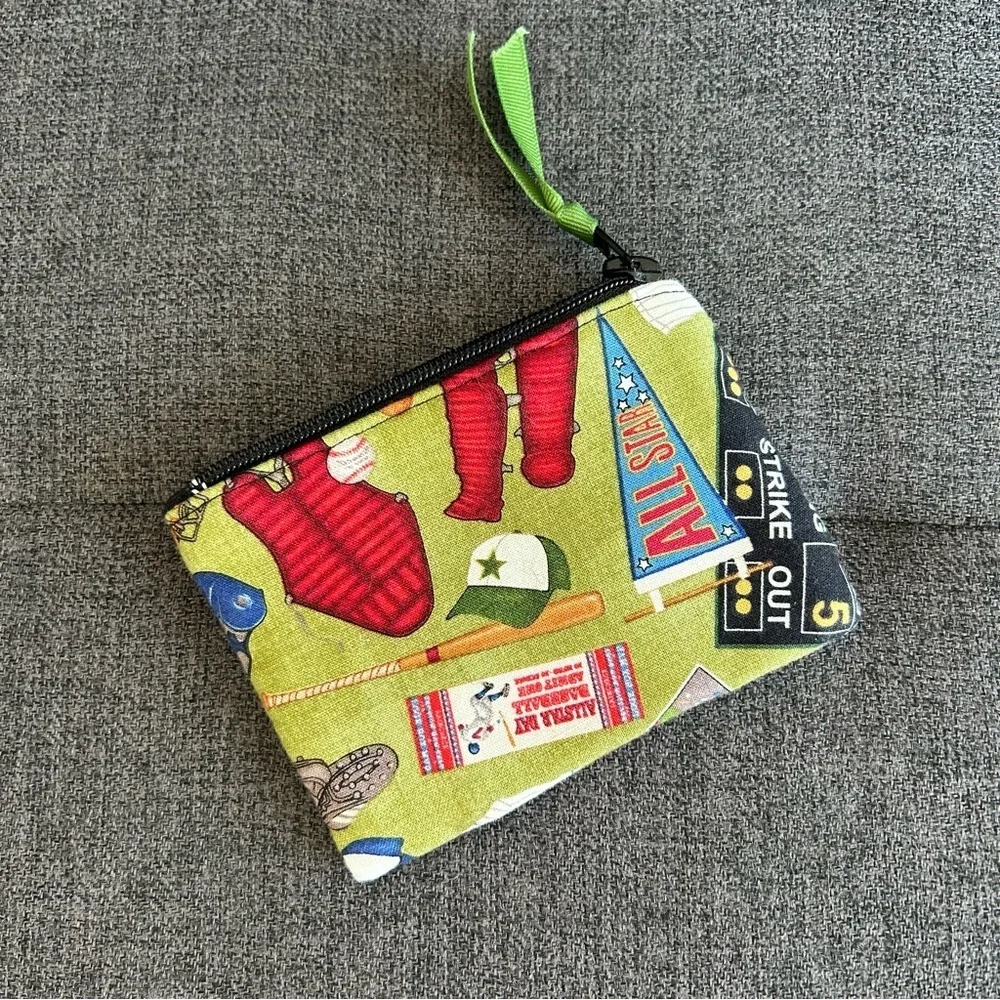 Baseball Themed Small Wallet / Coin / Travel Zipper Pouch, Green, Black